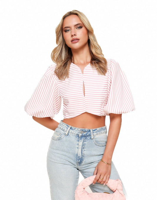 Roze Cropped Pofmouwen - Top - Olivia & Kate