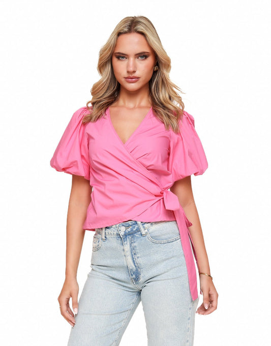 Roze Korte Pofmouwen Wikkel - Top - Olivia & Kate