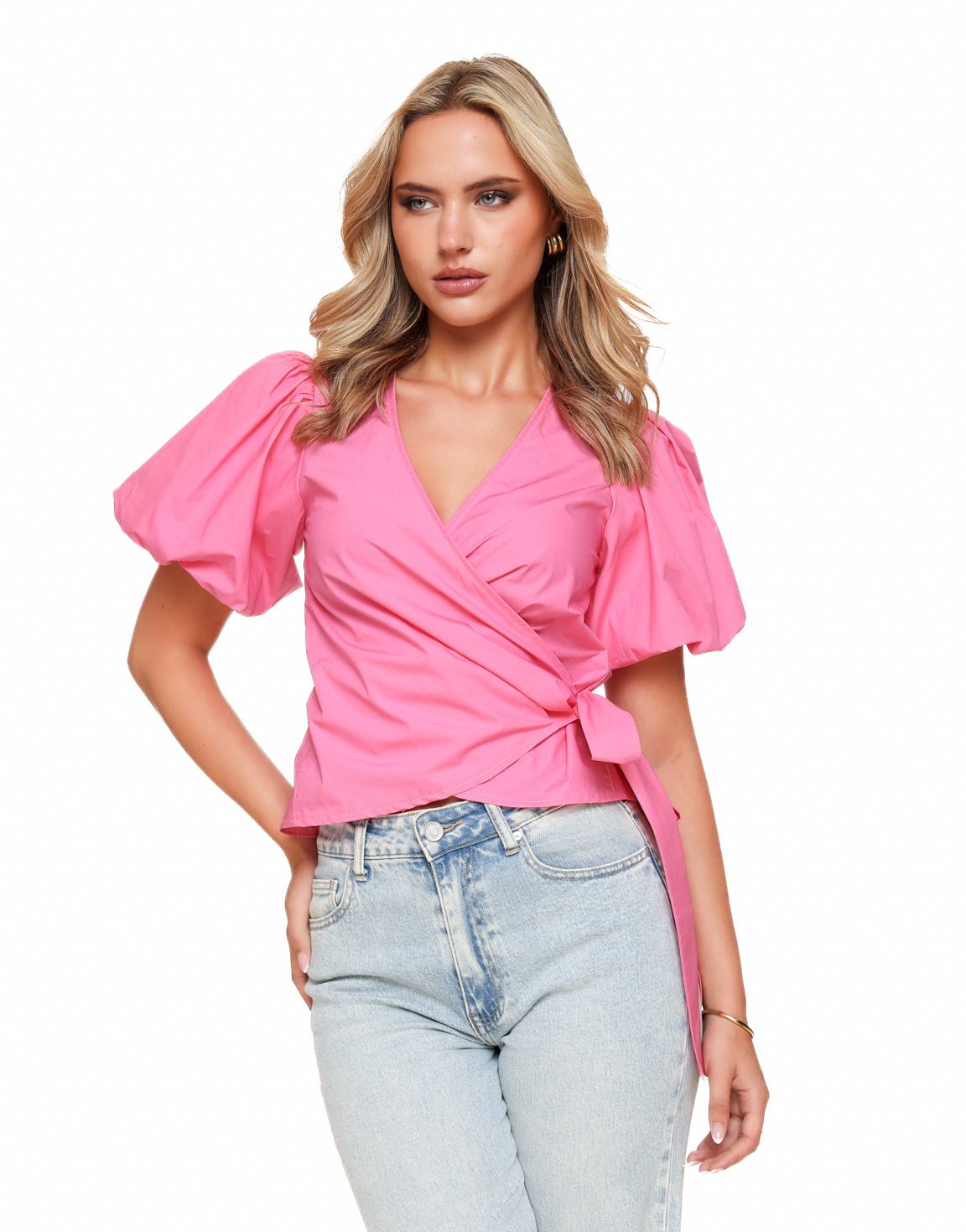 Roze Korte Pofmouwen Wikkel - Top - Olivia & Kate