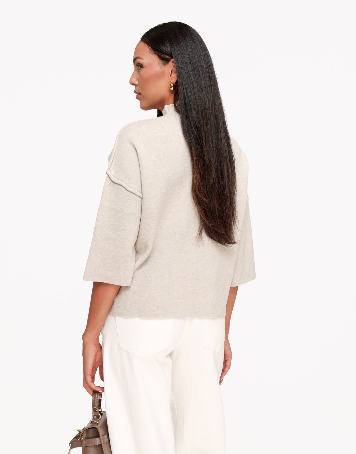 Taupe Basic Hoge Hals 3/4 Mouwen - Top - Olivia & Kate