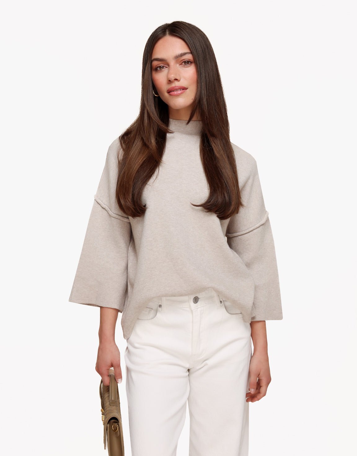 Taupe Basic Hoge Hals 3/4 Mouwen - Top - Olivia & Kate