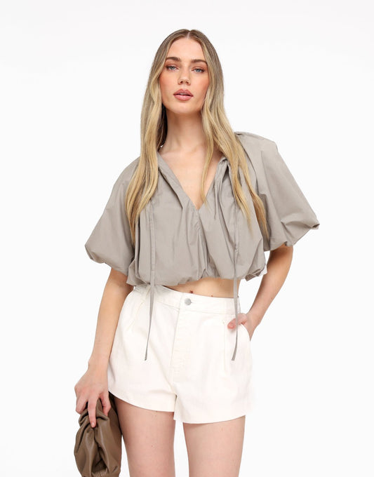 Taupe Cropped Ballon SS - Top - Olivia & Kate