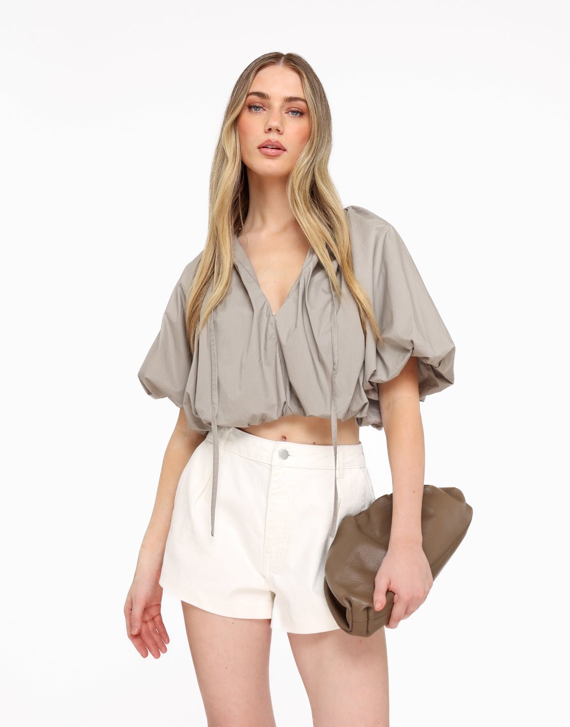 Taupe Cropped Ballon SS - Top | Olivia & Kate - Olivia & Kate