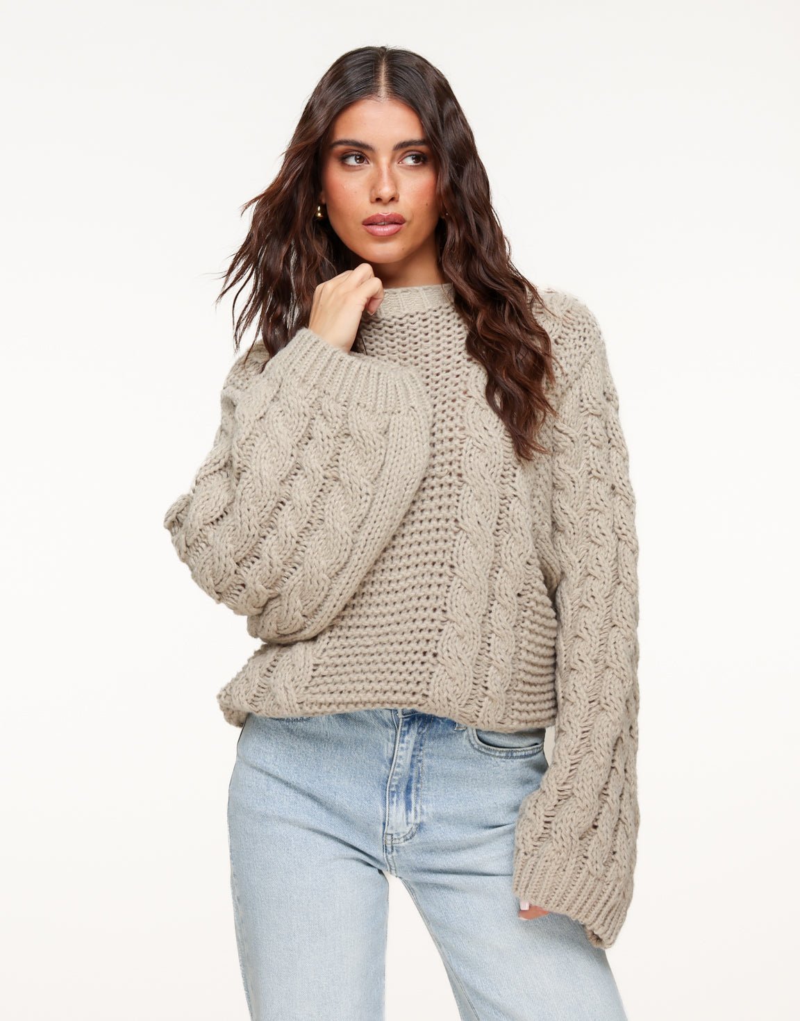 Taupe Gebreide Kabel Patroon - Trui - Olivia & Kate