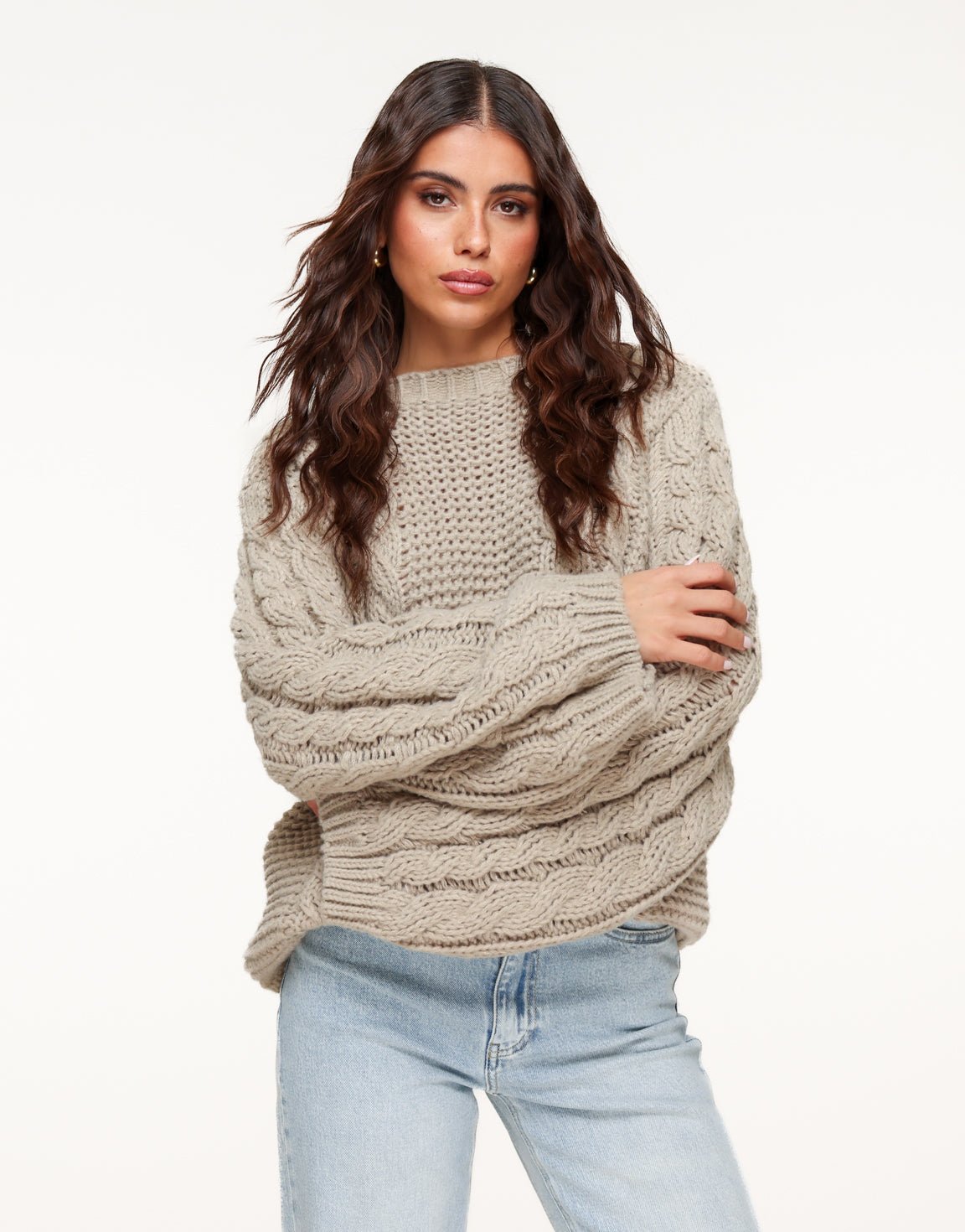 Taupe Gebreide Kabel Patroon - Trui - Olivia & Kate