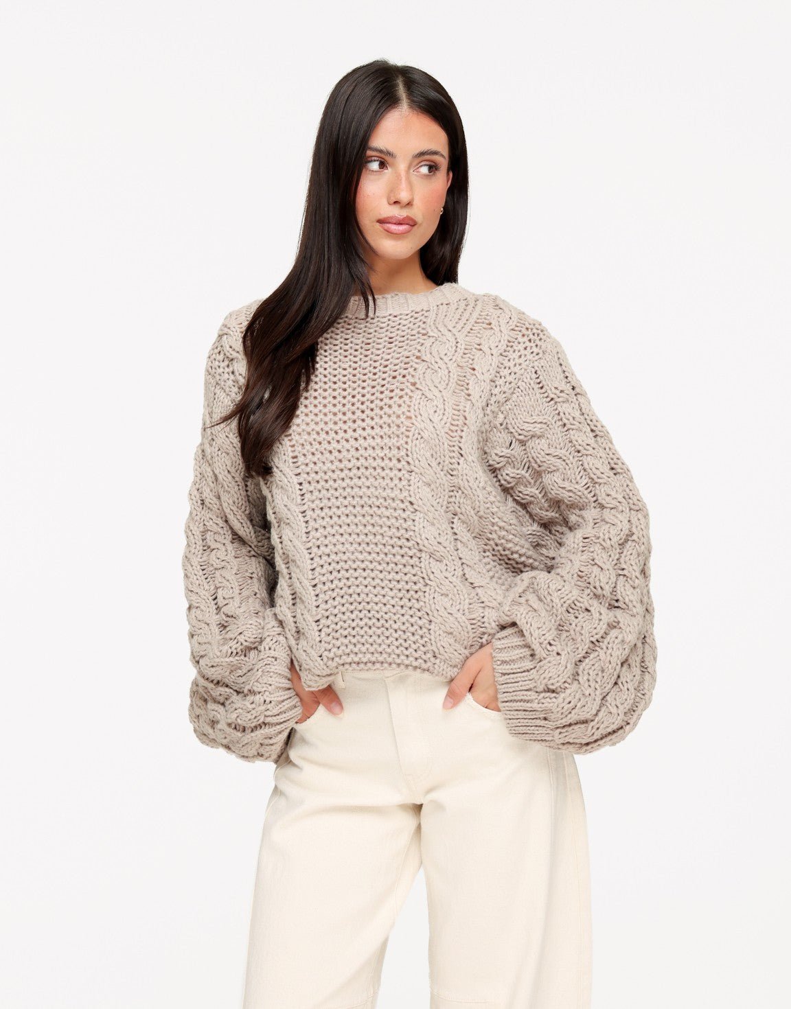 Taupe Gebreide Kabel Patroon - Trui - Olivia & Kate