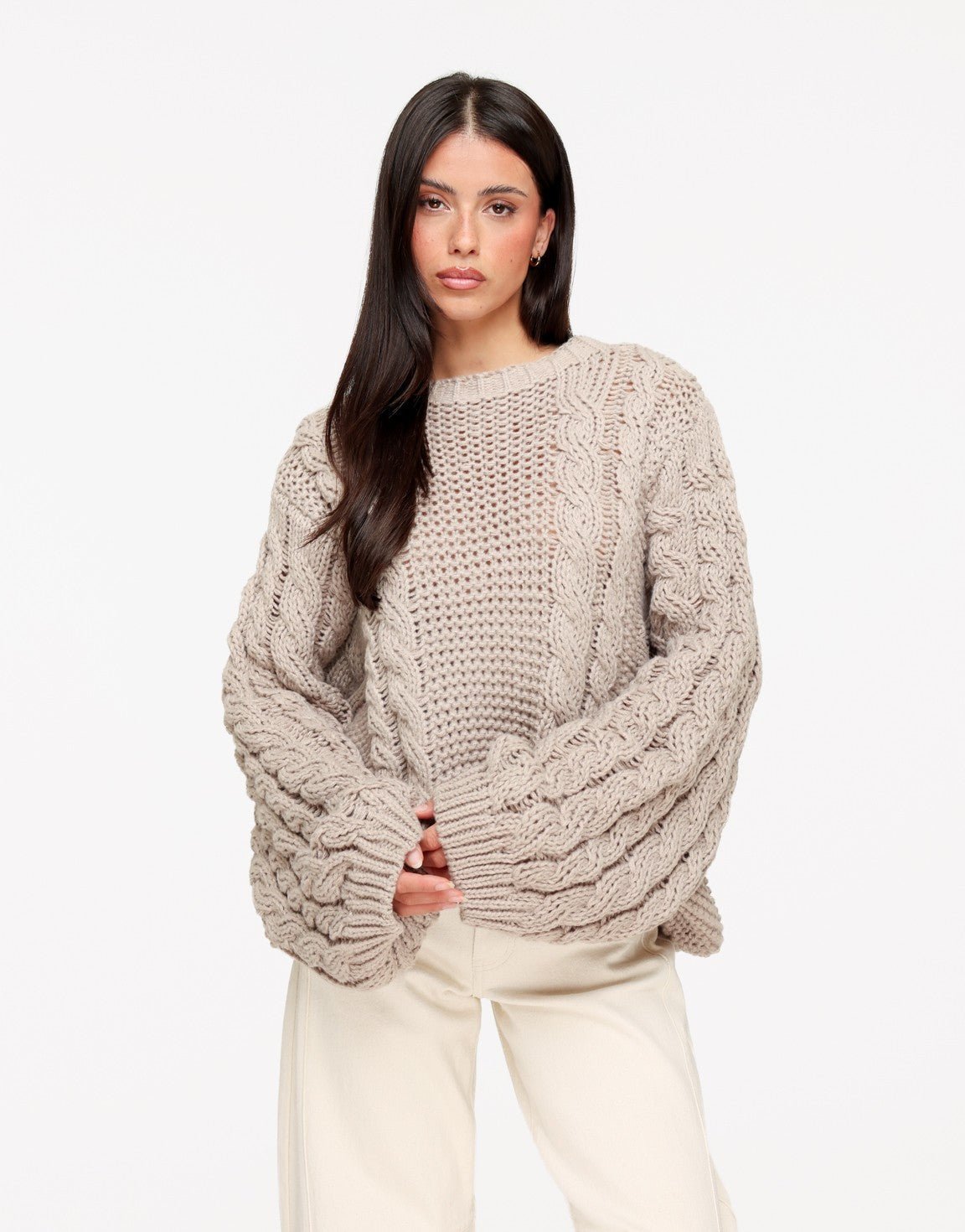 Taupe Gebreide Kabel Patroon - Trui - Olivia & Kate
