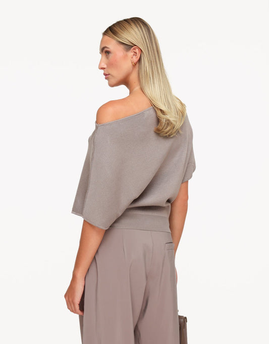 Taupe Gebreide Off Shoulder - Trui - Olivia & Kate