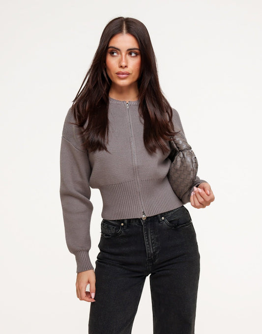 Taupe Gebreide Rits - Vest - Olivia & Kate