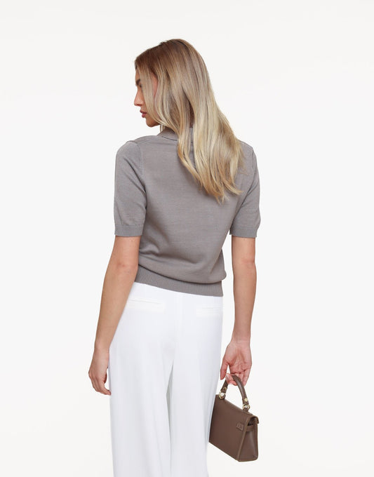 Taupe Gebreide SS Polo - Top - Olivia & Kate