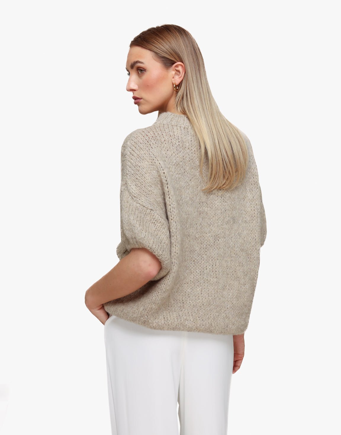 Taupe Gebreide Wollen 3/4 Mouwen - Trui - Olivia & Kate