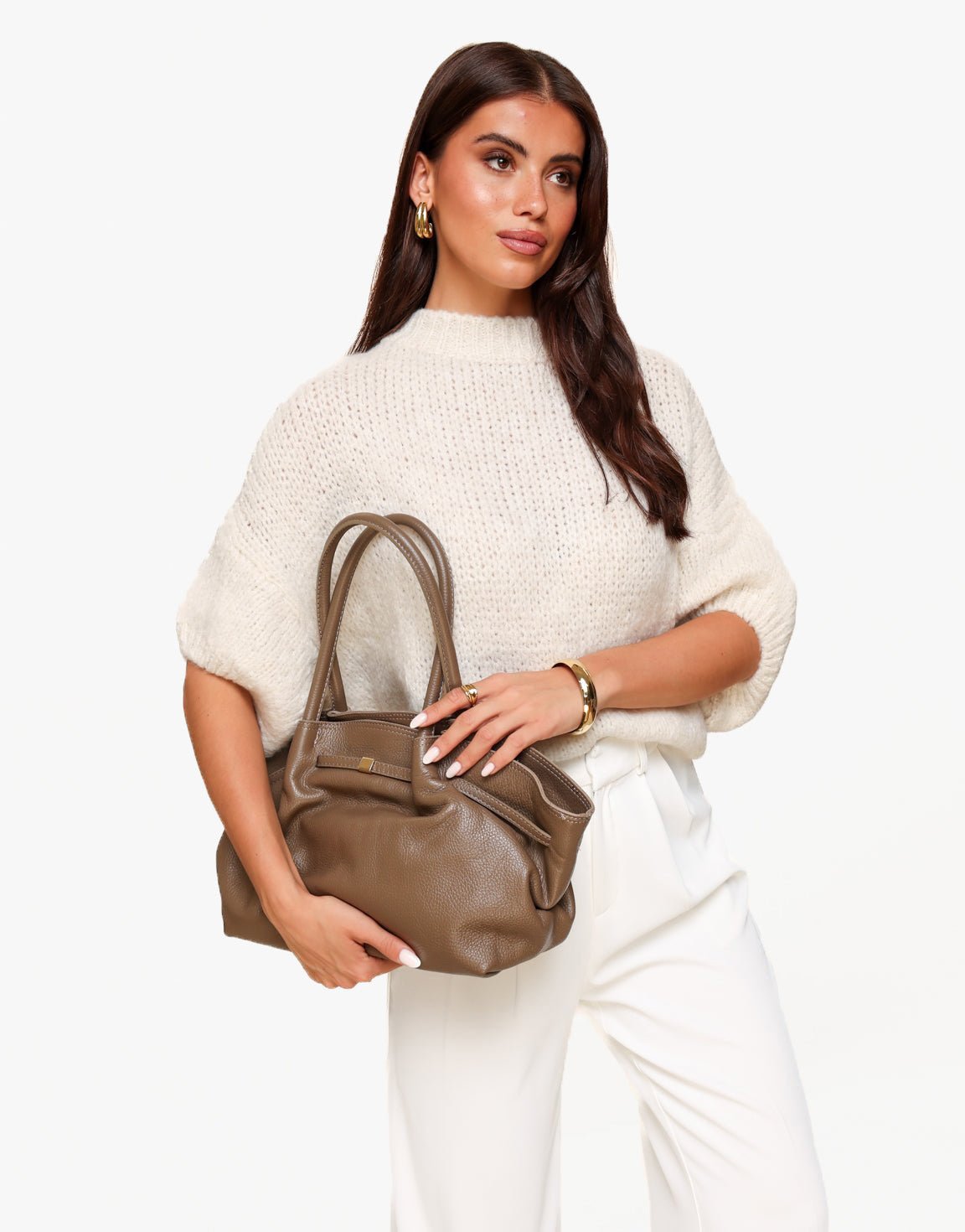 Taupe Large Leather Shopper - Bag - Olivia & Kate