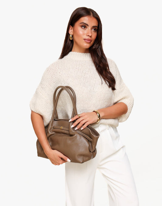 Taupe Large Leather Shopper - Bag - Olivia & Kate