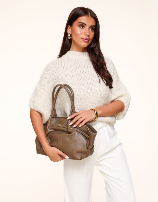 Taupe Grote Leren Shopper - Tas - Olivia & Kate