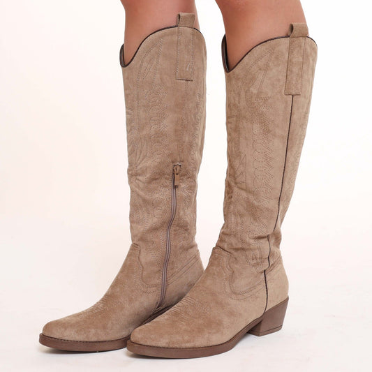 Taupe Hoge Suede Cowboy - Laarzen - Olivia & Kate