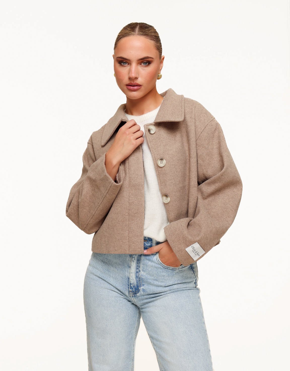 Taupe Korte STUDIO Coat - Jas - Olivia & Kate