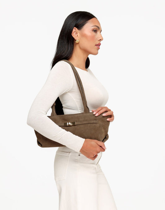 Taupe Langwerpige Suede Hand -Tas - Olivia & Kate
