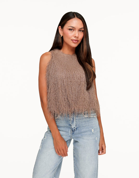 Taupe Mouwloze Fluffy - Top - Olivia & Kate