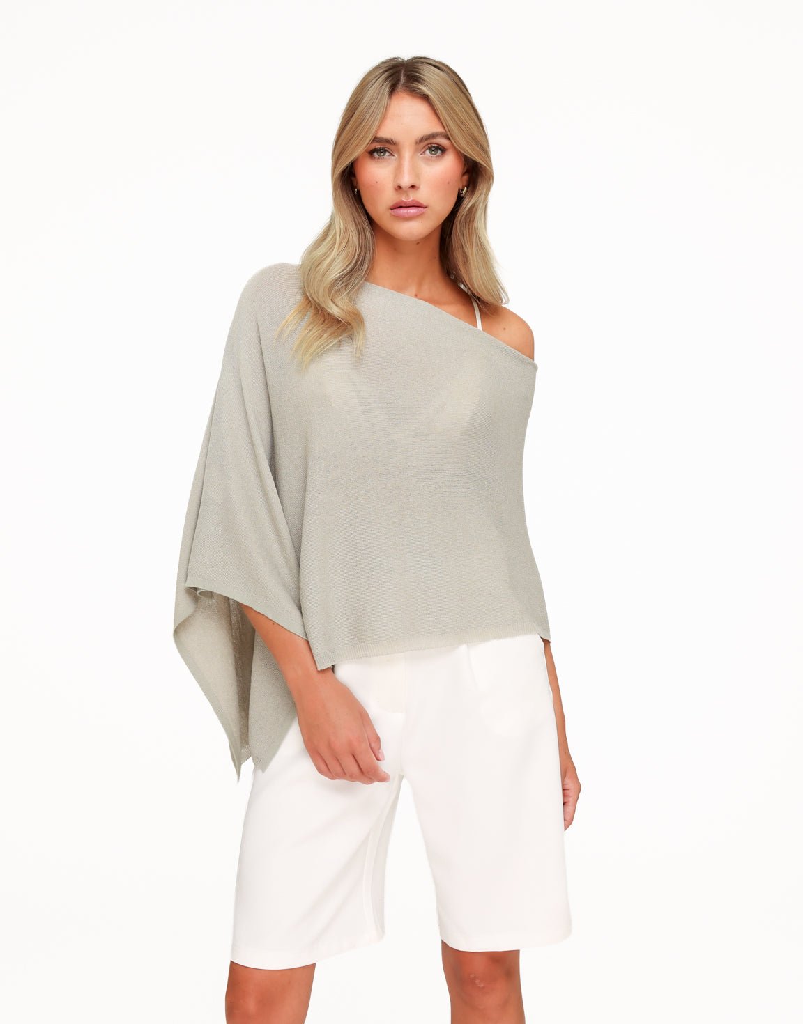 Taupe Off Shoulder Gebreide Cape - Top - Olivia & Kate