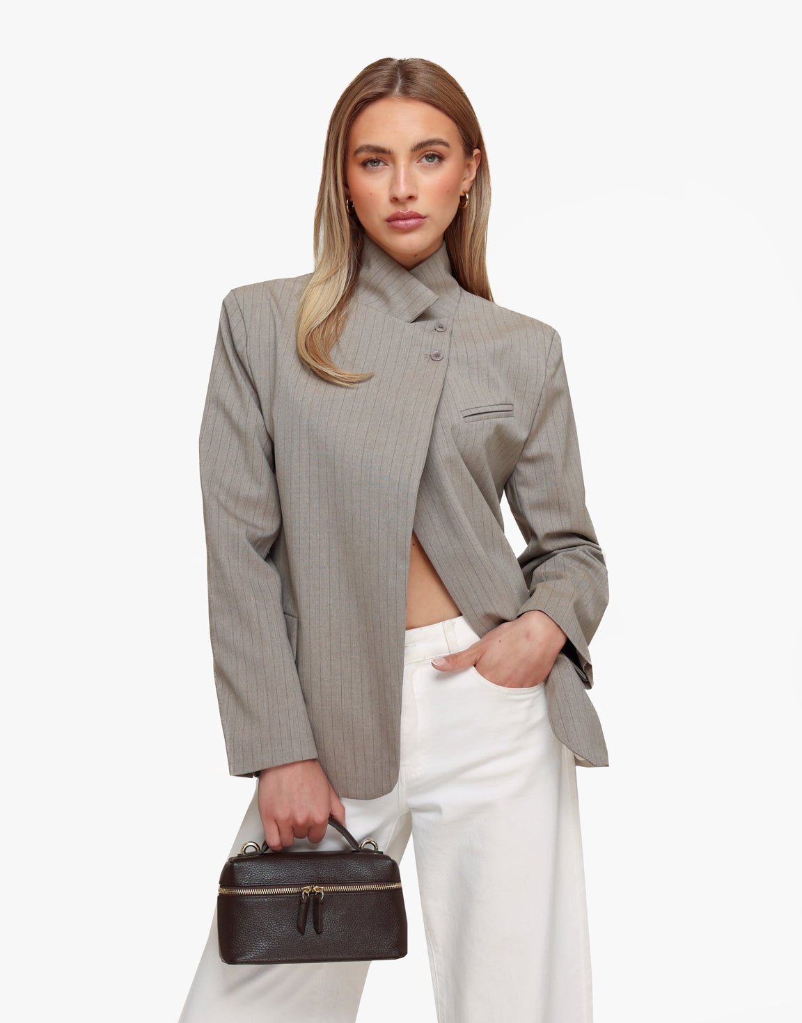 Taupe Strepen Hoge Knoop Split - Blazer - Olivia & Kate
