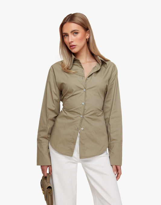 Taupe Strik Op Rug Kraag - Blouse - Olivia & Kate