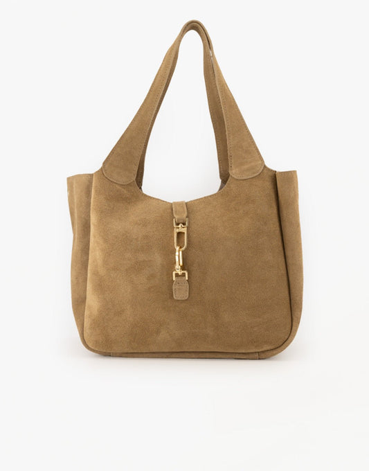 Taupe Suede Gouden Detail Langwerpige - Tas - Olivia & Kate