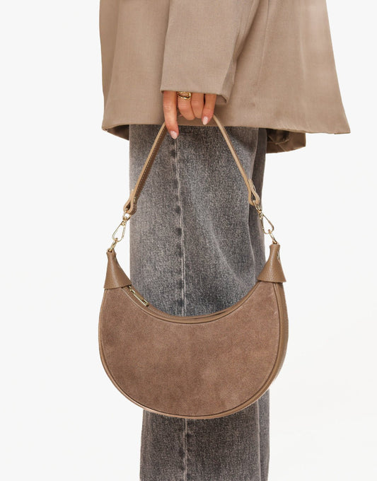 Taupe Suede Half Ronde Leren - Tas - Olivia & Kate