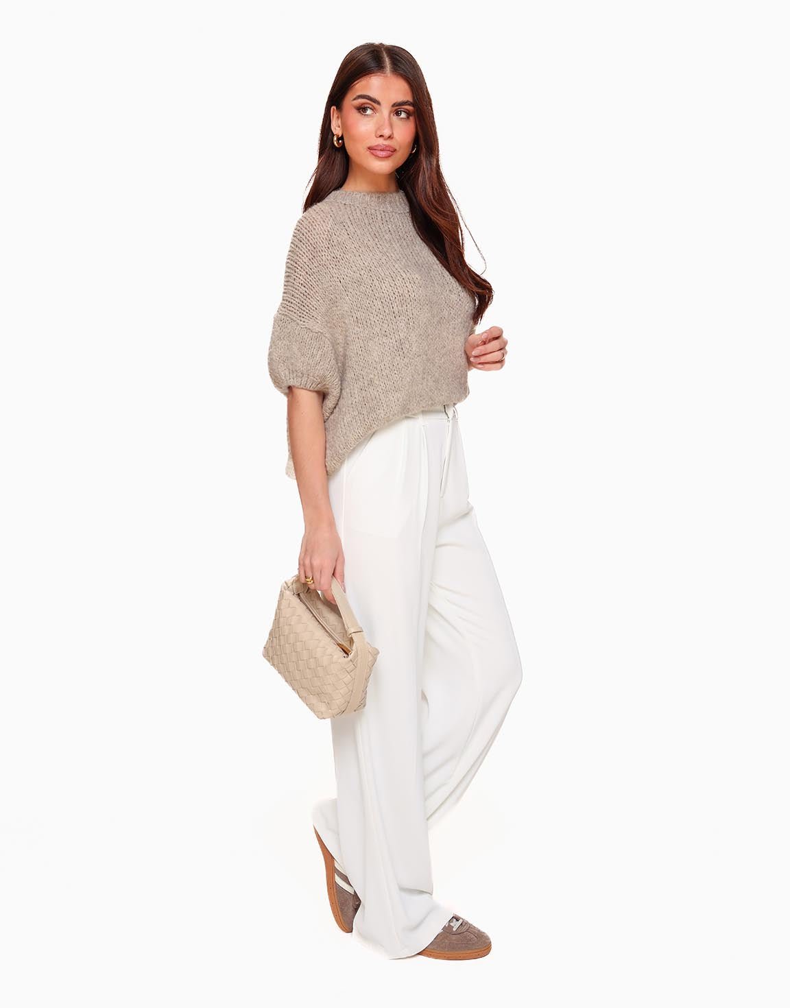 Taupe Wollen Gebreide 3/4 Mouwen - Trui - Olivia & Kate