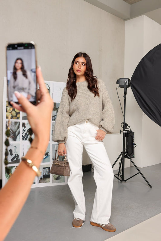 Taupe Wollen Gebreide - Trui - Olivia & Kate