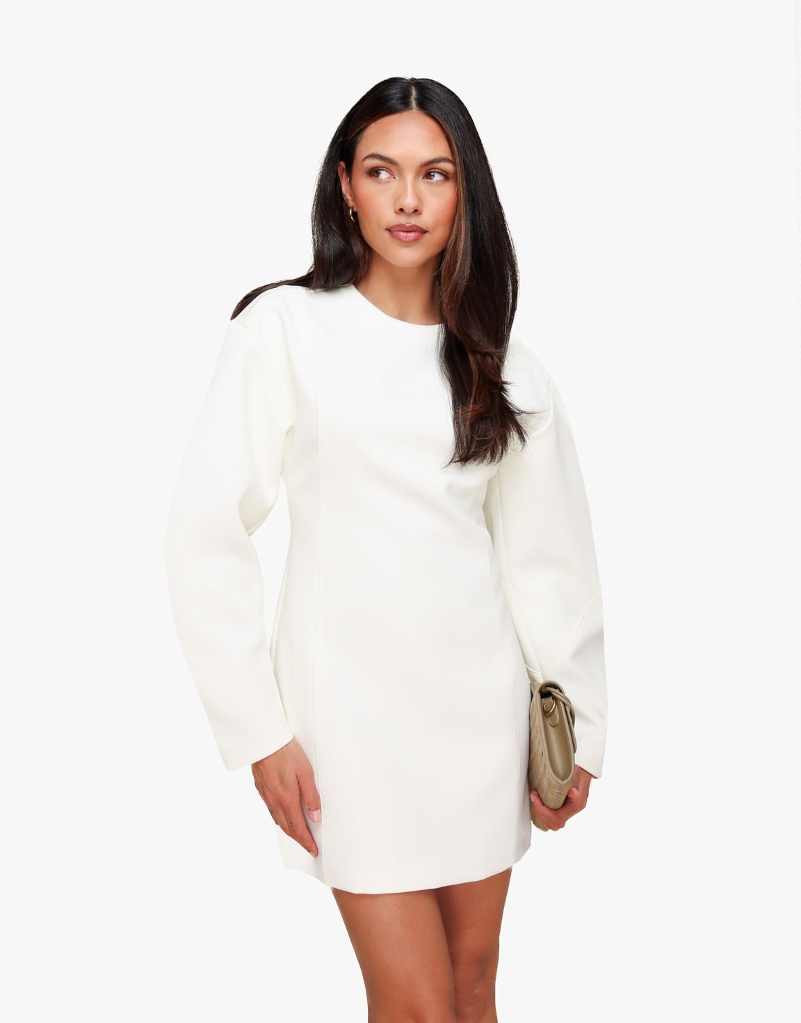 Witte Aangesloten Petite Ballonmouwen LS - Jurk | Olivia & Kate