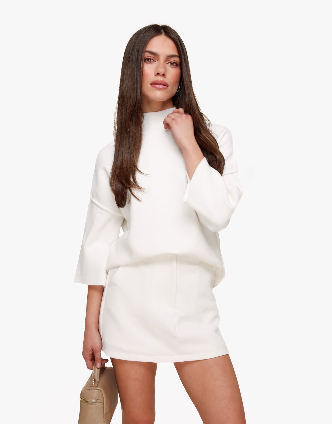 Witte Basic Hoge Hals 3/4 Mouwen - Top - Olivia & Kate
