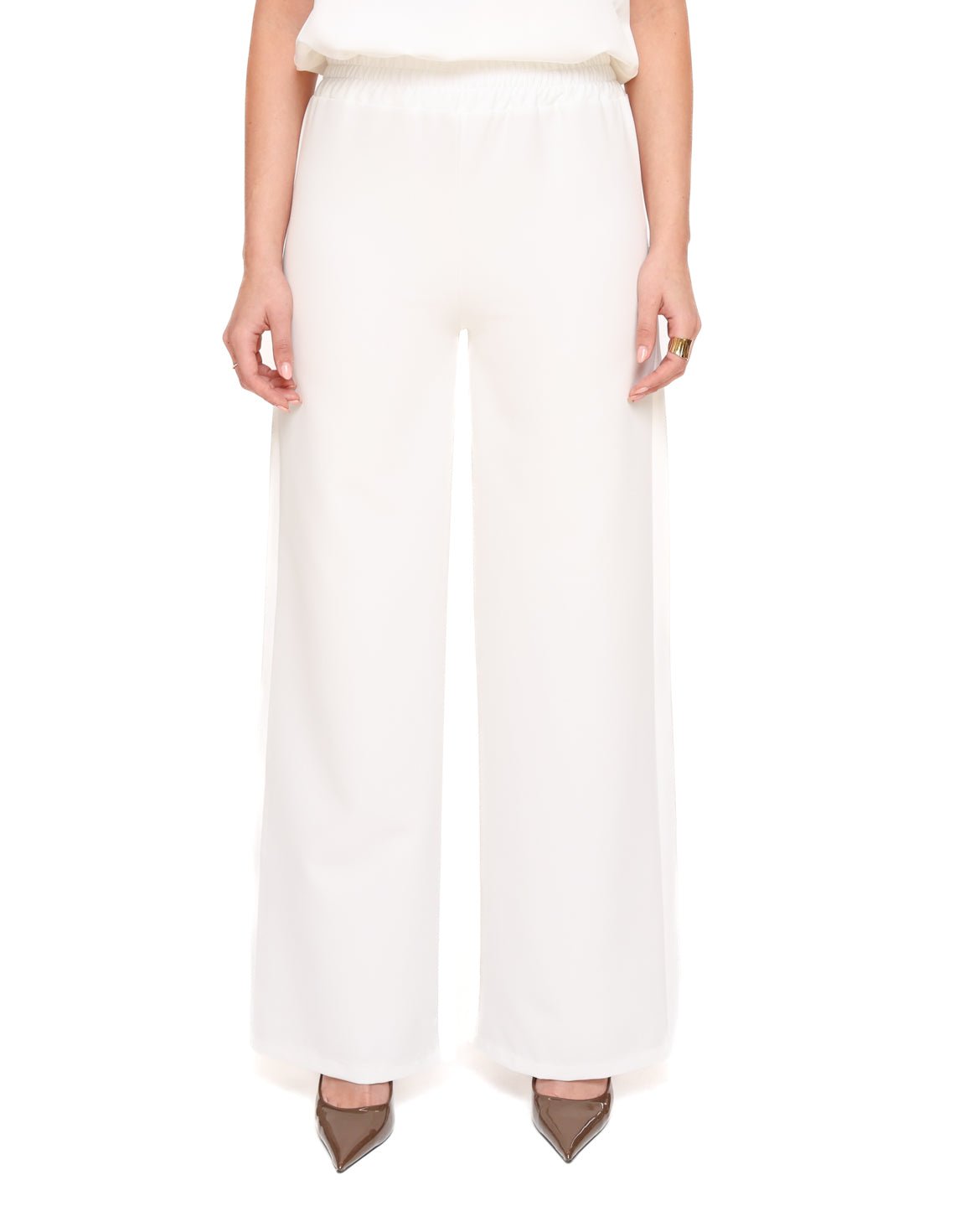 Witte Basic Wijde Elastiek Band - Pantalon - Olivia & Kate