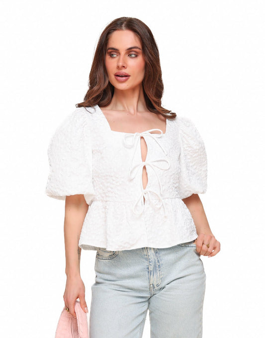 Witte Bloemen Strikjes Pofmouwen SS - Top - Olivia & Kate