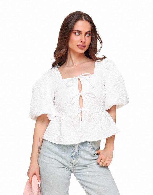 Witte Bloemen Strikjes Pofmouwen SS - Top - Olivia & Kate