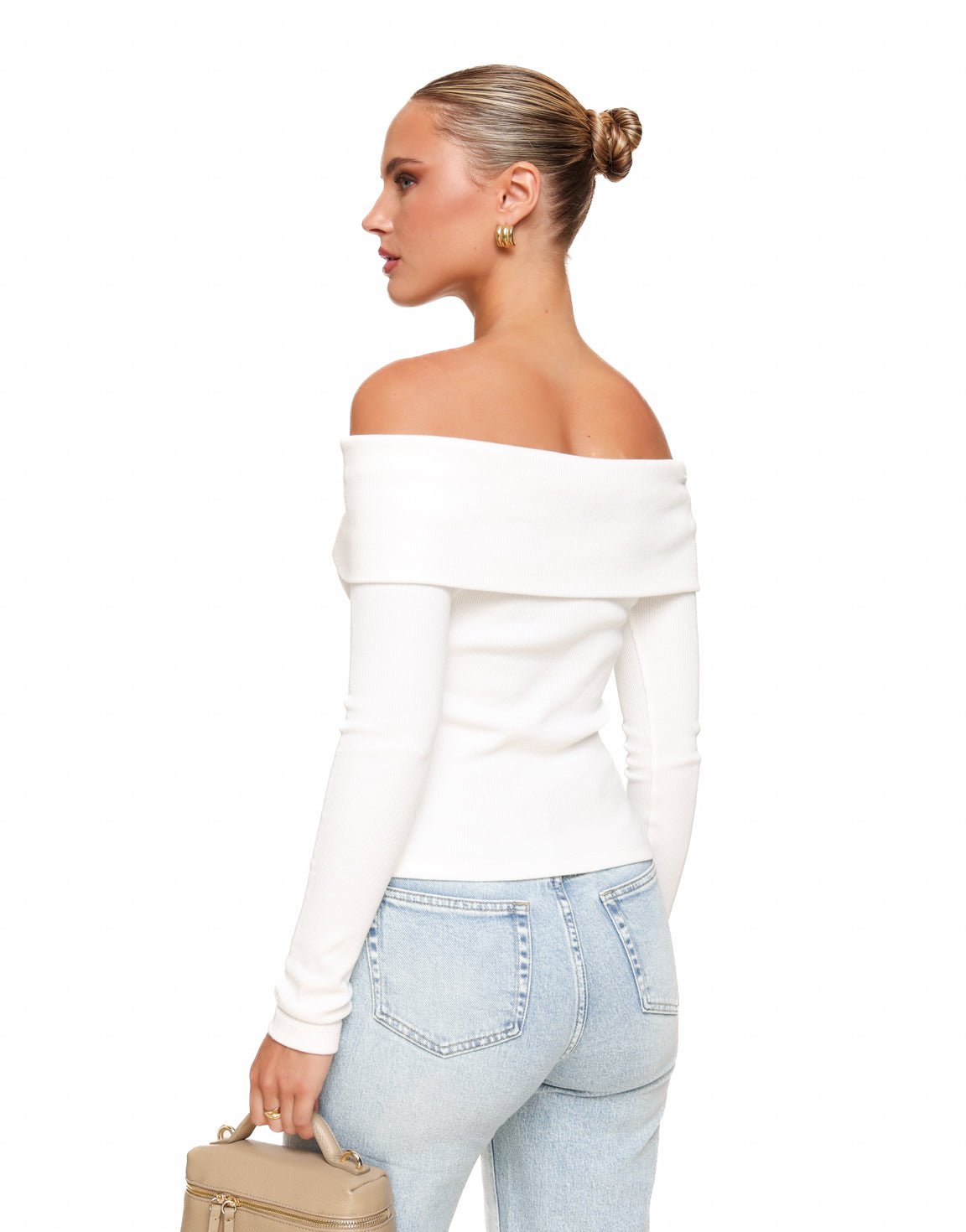 Witte Off Shoulder Knopen LS - Top - Olivia & Kate