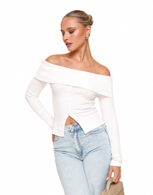 Witte Off Shoulder Knopen LS - Top - Olivia & Kate