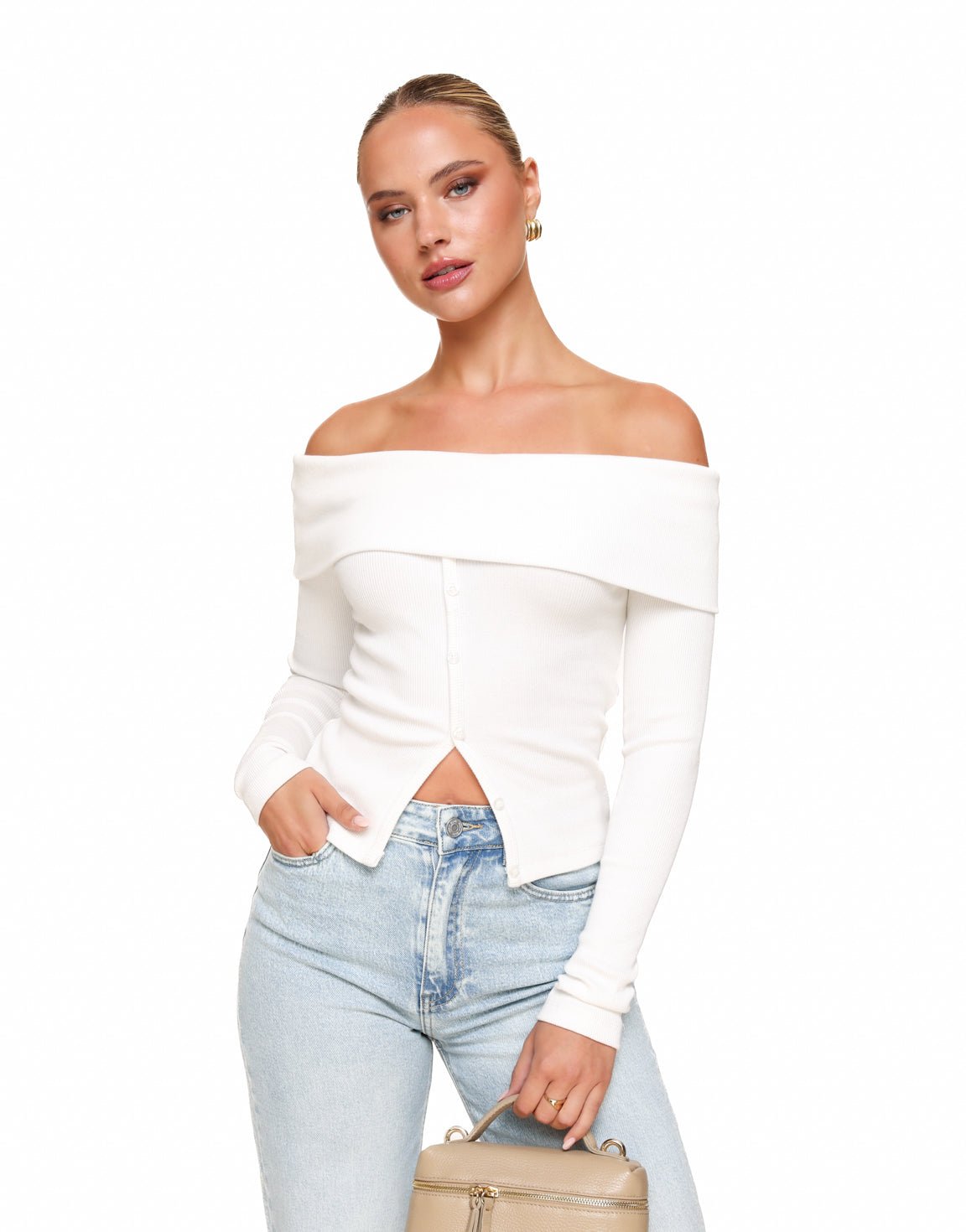Witte Off Shoulder Knopen LS - Top - Olivia & Kate