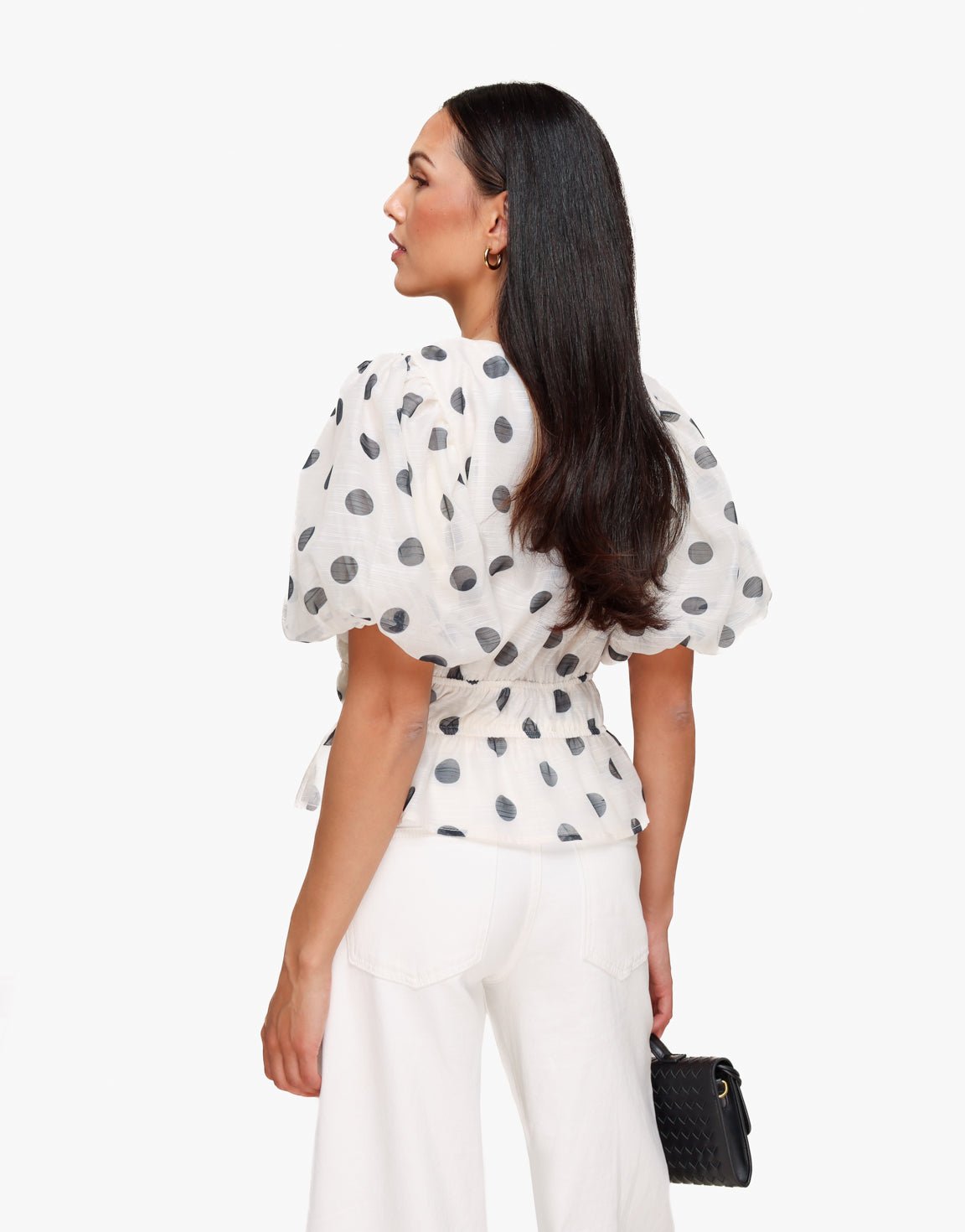 Witte Polkadot Peplum Pofmouwen - Top - Olivia & Kate