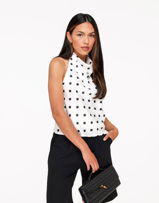 Witte Satijnen Polkadot Hoge Hals - Top - Olivia & Kate