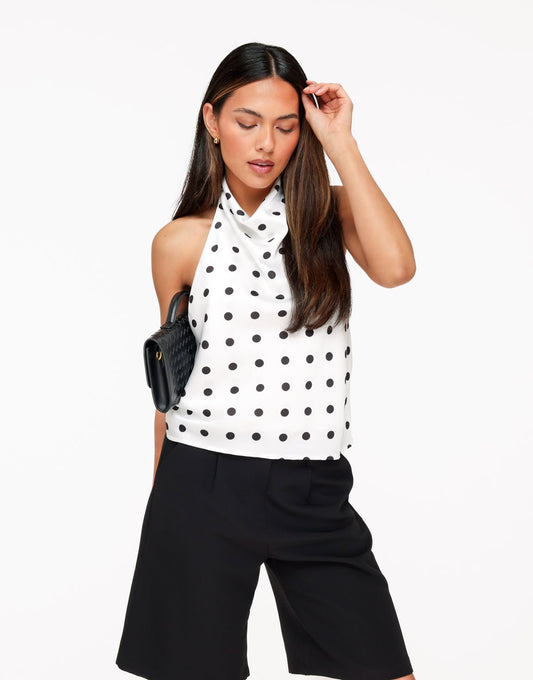 Witte Satijnen Polkadot Hoge Hals - Top - Olivia & Kate