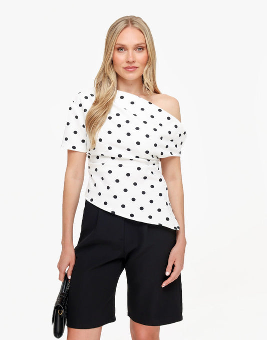 Witte Stippen Gedrapeerde Off Shoulder - Top - Olivia & Kate