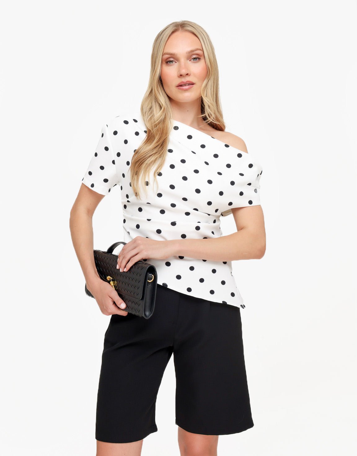 Witte Stippen Gedrapeerde Off Shoulder - Top - Olivia & Kate