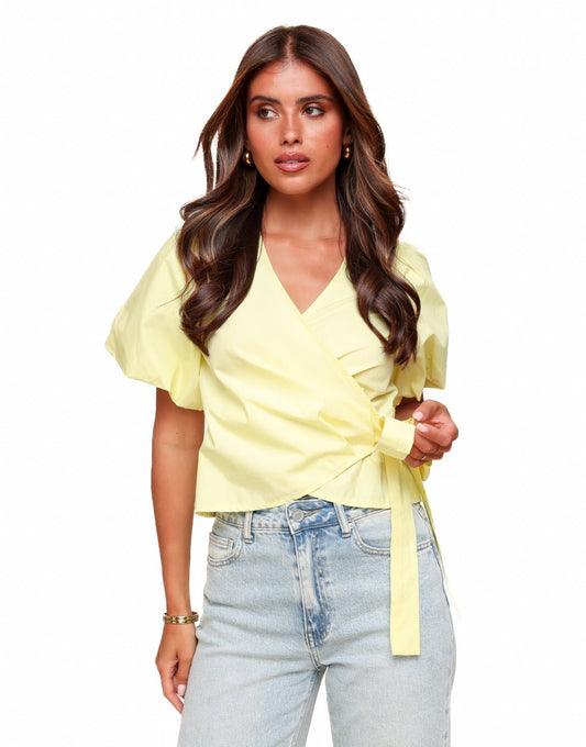 Zachtgele Korte Pofmouwen Wikkel - Top - Olivia & Kate