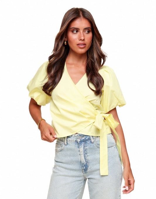 Zachtgele Korte Pofmouwen Wikkel - Top - Olivia & Kate