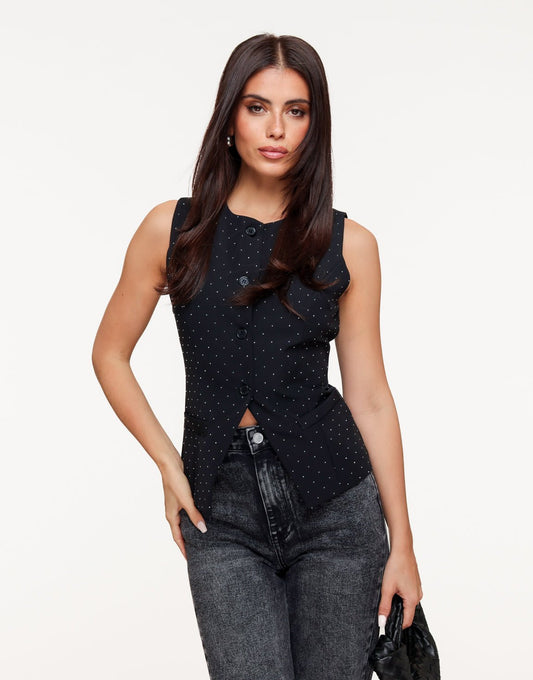 Zwart Hoge Knopen Zilveren Glitter Stenen - Gilet - Olivia & Kate