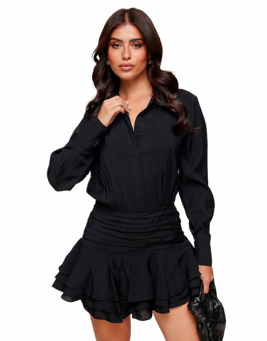 Zwarte Blouse Met Rok Detail - Jurk - Olivia & Kate