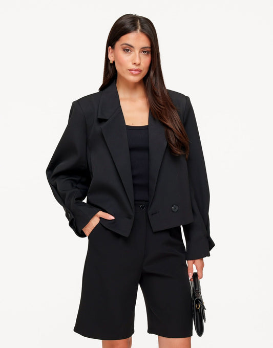 Zwarte Cropped Omgeslagen Mouwen - Blazer - Olivia & Kate