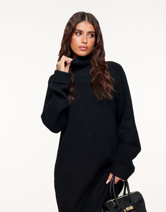 Zwarte Gebreide Hoge Kraag - Jurk - Olivia & Kate