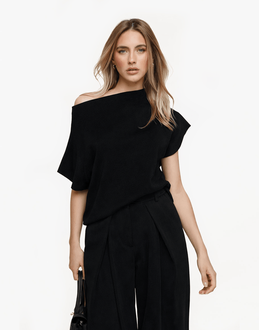 Zwarte Gebreide One Shoulder - Top - Olivia & Kate