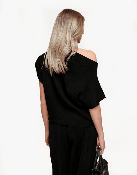 Zwarte Gebreide One Shoulder Top+ Zwarte Satijnen Kanten Short - Set - Olivia & Kate